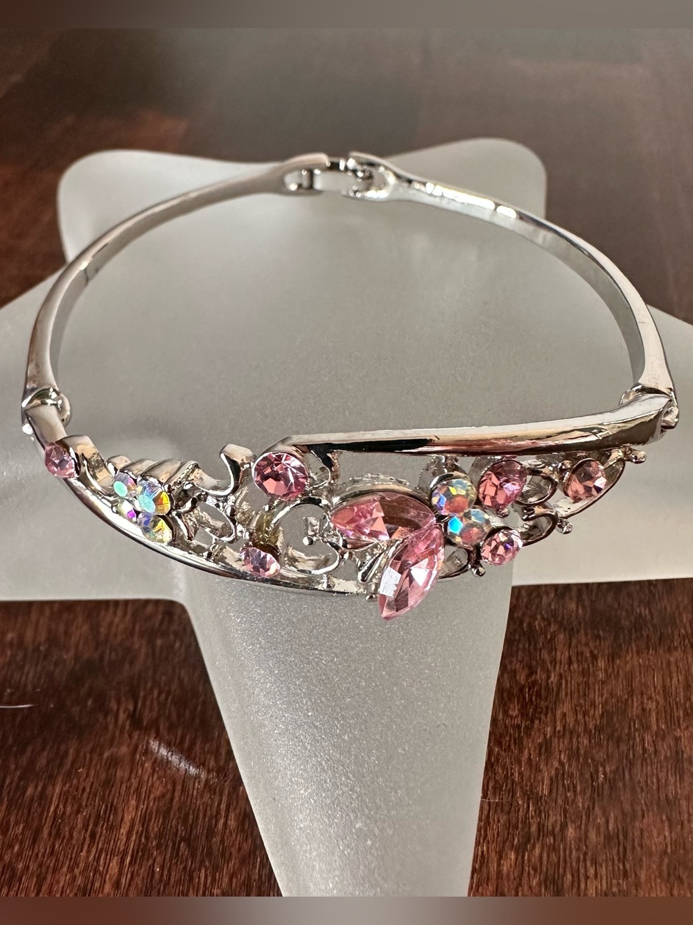 Y2K silvertone and pink crystal bracelet
